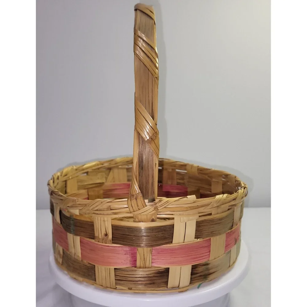 Vintage Woven Easter Basket Round Splint Wood Pink Green Accent Handle